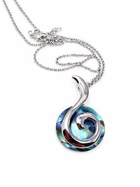 Silver Tone Paua Shell Swirl Pendant Necklace Iridescent Statement